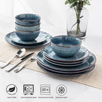 AmorArc Ceramic Dinnerware Sets for 6, 18 Pieces Handpainted Plates and Bowls Set, Scratch Resistant Stoneware Dishes Set, Dishwasher & Microwave Safe, Ceylon Blue