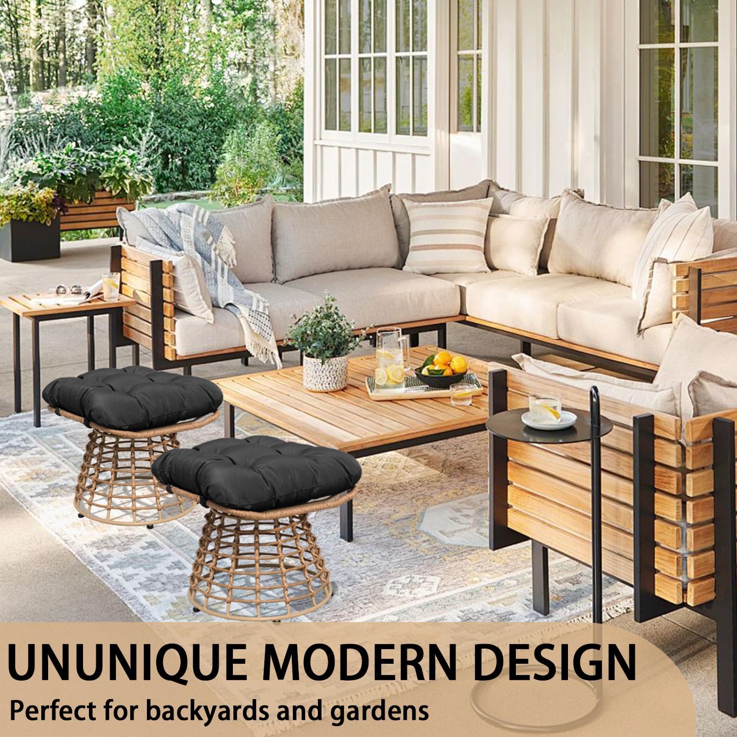 Outdoor Wicker Patio Ottomans Set of 2 rotatable Outdoor Footrest Small Seating, Large Wide Footrest, PE Rattan Thicken Cushioned Footrest, All-Weather Wicker Furniture for Balcony, Porch (YB)