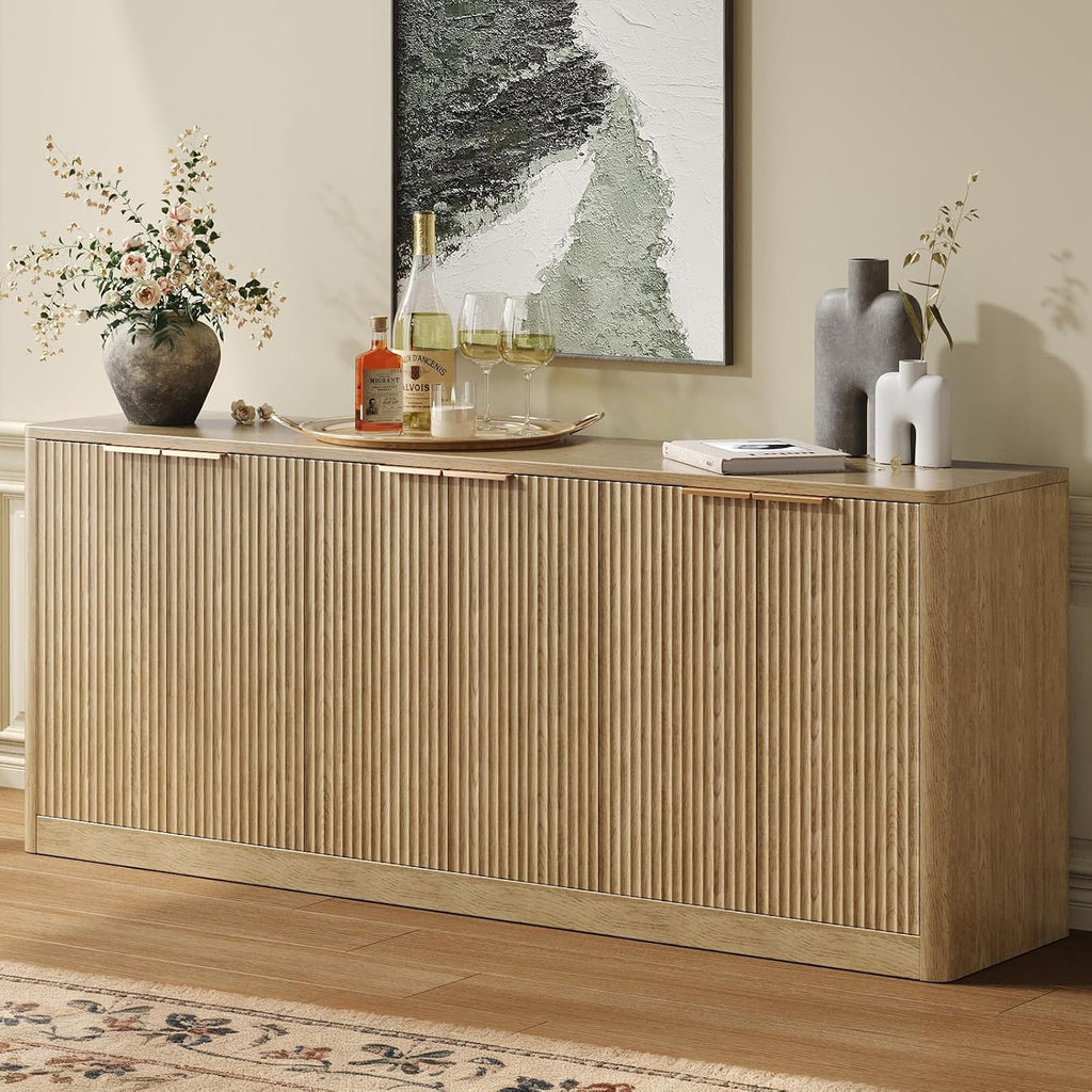 67 Inch Fluted Oak Buffet Cabinet Sideboard with 6 Doors, Large Wood Credenza Storage Cabinet, Mid Century Modern Sideboard for Kitchen and Living Room, 67"×31.5"×15.7"