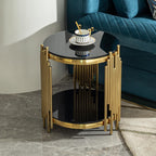 Luxury Gold Round Glass End Table, 17.7" Modern Side Table with Stainless Steel Irregular Leg Black Tempered Glass Tabletop, Accent Furniture for Living Room, Black