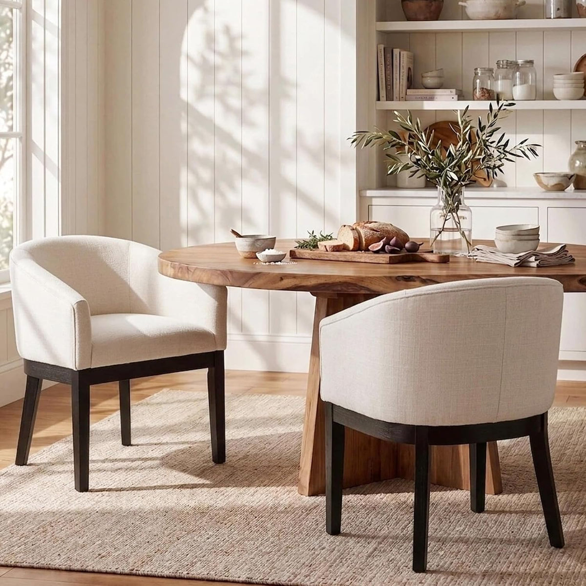 HNY Barrel Dining Chairs Set of 2, Mid Century Modern Upholstered Dining Chairs with Arms, Linen Kitchen & Dining Room Chairs, Solid Wood Frame Accent Chairs for Kitchen, Apartment, Cream