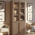 77" Tall Pantry Cabinets with Glass Doors, Fluted Storage Cabinet, Oak 1pc | Wooden Kitchen Food Cupboard, Adjustable Shelves, Modern Display Storage Closet for Living Room, Dining Room, Office