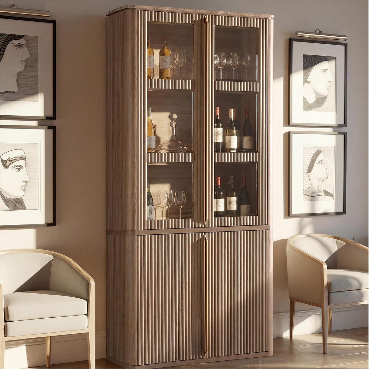 77" Tall Pantry Cabinets with Glass Doors, Fluted Storage Cabinet, Oak 1pc | Wooden Kitchen Food Cupboard, Adjustable Shelves, Modern Display Storage Closet for Living Room, Dining Room, Office