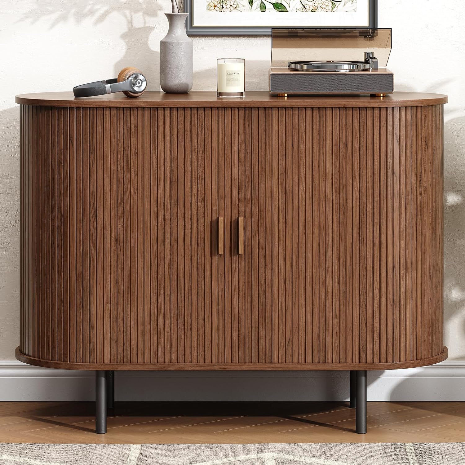 Buffet Cabinet with Storage, Fluted Sideboard Buffet with Sliding Door, Coffee Bar Cabinet with Adjustable Shelf, Console Table, Accent Table for Entryway, Kitchen (Walnut, 40 Inch)
