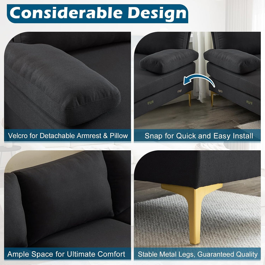 VINGLI 110" Modern Sectional Couch with 51" D Double Chaise, Black Deep Seat U Shaped Couch with Removable Pillows & Metal Legs, Comfy 4-Seat Sofas for Living Room, Linen Fabric