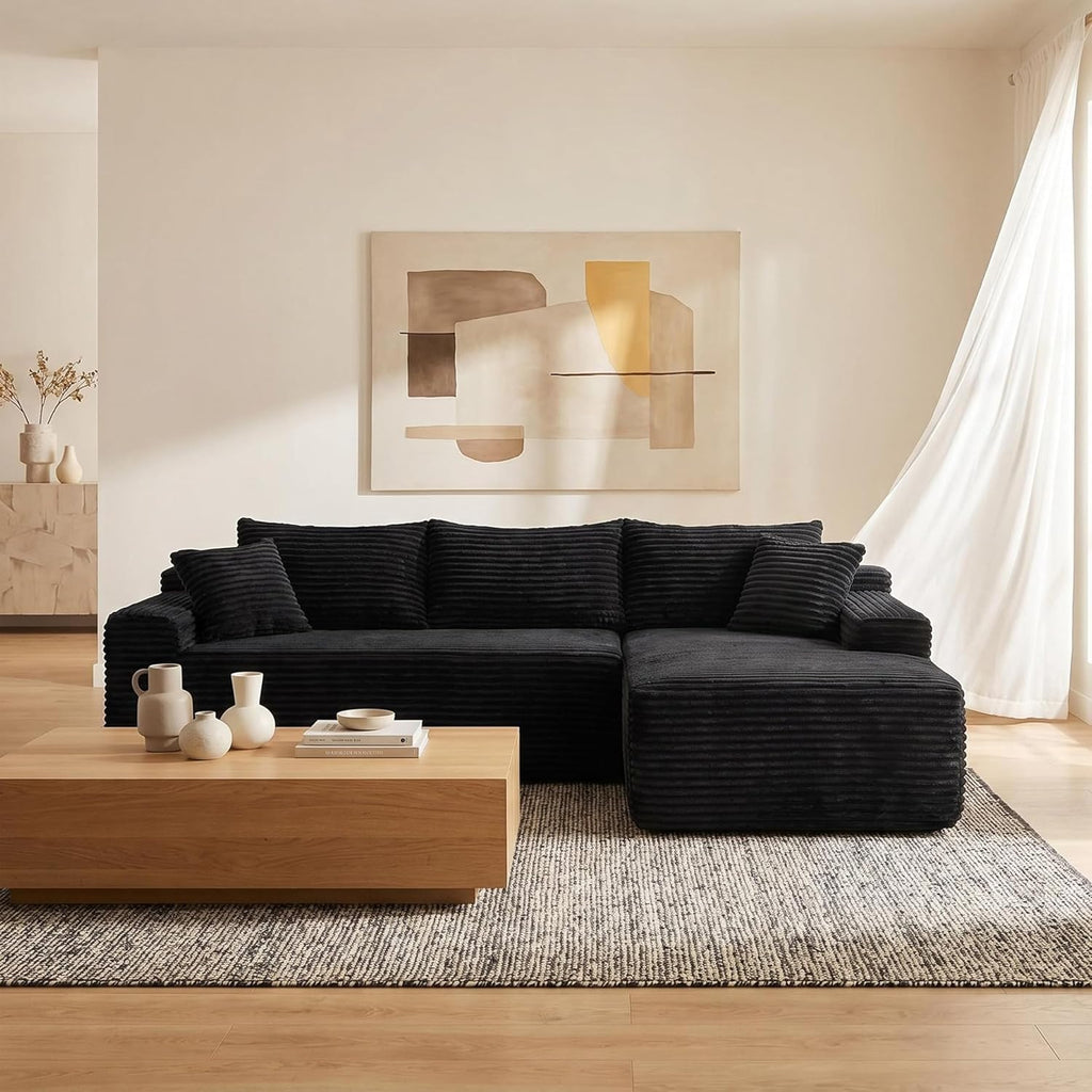 95" L-Shaped Cloud Sectional Couch, Right Facing Modular Compressed Sectional Sofa with Chaise Lounge, Plush Corduroy Corner Sofa for Living Room