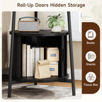 ONBRILL Round Side Table with Storage, Fluted Nightstand with Charging Station, Small Mid-Century Modern Bedside Tables, Black End Tables for Small Space Living Room Bedroom Sofa Couch