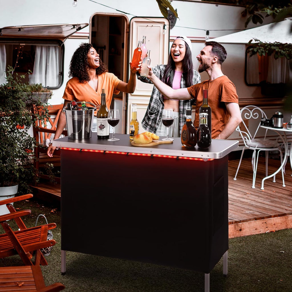 43" Long Portable Bar Table with Remote-Controlled Multi-Color LED Lights, Foldable Mobile Bartender Table for Party, 43"x33"x15" Storage Shelf, Waterproof MDF Top & Removable Skirt (Black)
