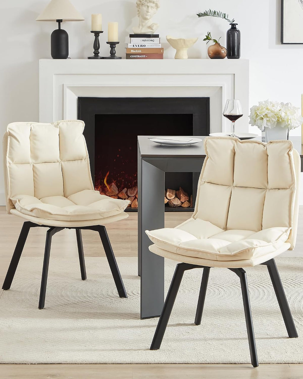 BedsPick 360° Swivel Dining Chair Set of 2 - Faux Leather Upholstered Kitchen Chair, Mid Century Modern Dining Room Chair with Metal Legs for Kithcen/Living Room/Reception/Office, Beige