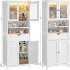 VASAGLE Storage Cabinet with LED Lights, Freestanding Storage Unit with Adjustable Shelves, Drawer, Open Compartments, for Bathroom, Living Room, Kitchen, Cloud White UBBC767WH01S