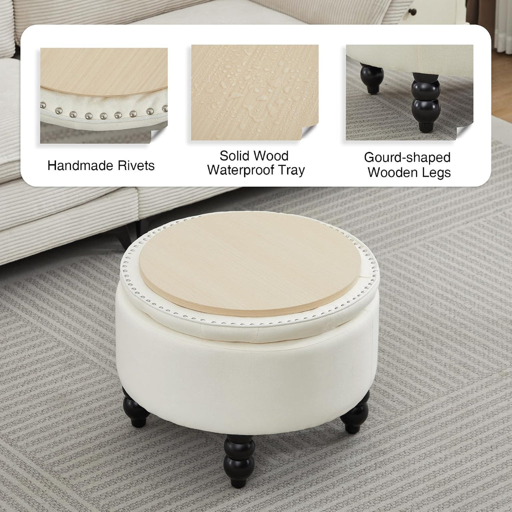 24 Inch Fabric Round Ottoman with Storage, Modern Upholstered Button Tufted Ottoman Coffee Table with Tray Lid, Circle Footstool with Storage for Living Room, Bedroom, White