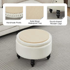 24 Inch Fabric Round Ottoman with Storage, Modern Upholstered Button Tufted Ottoman Coffee Table with Tray Lid, Circle Footstool with Storage for Living Room, Bedroom, White