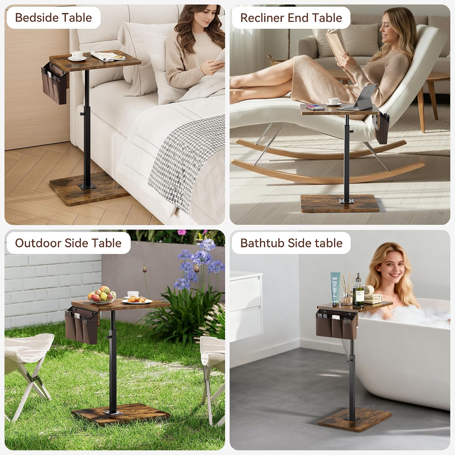 Vagusicc Sofa Armrest Tray Table for Couch, 360° Swivel Height Adjustable TV Tray Table for Small Spaces, Snack Side Table for Couch, Bed, Chair, C Shaped End Side Table for Eating, Reading, Laptop