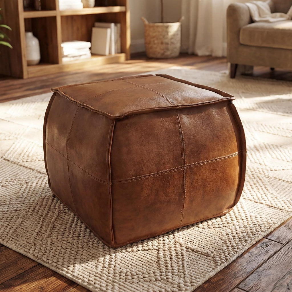 Leather Ottoman,Handmade Stuffed Square Ottoman,Genuine Leather Pouf, Foot Rest Pouf,Comfortable Soft Seating for Living Room & Bedroom (Brown, Square)