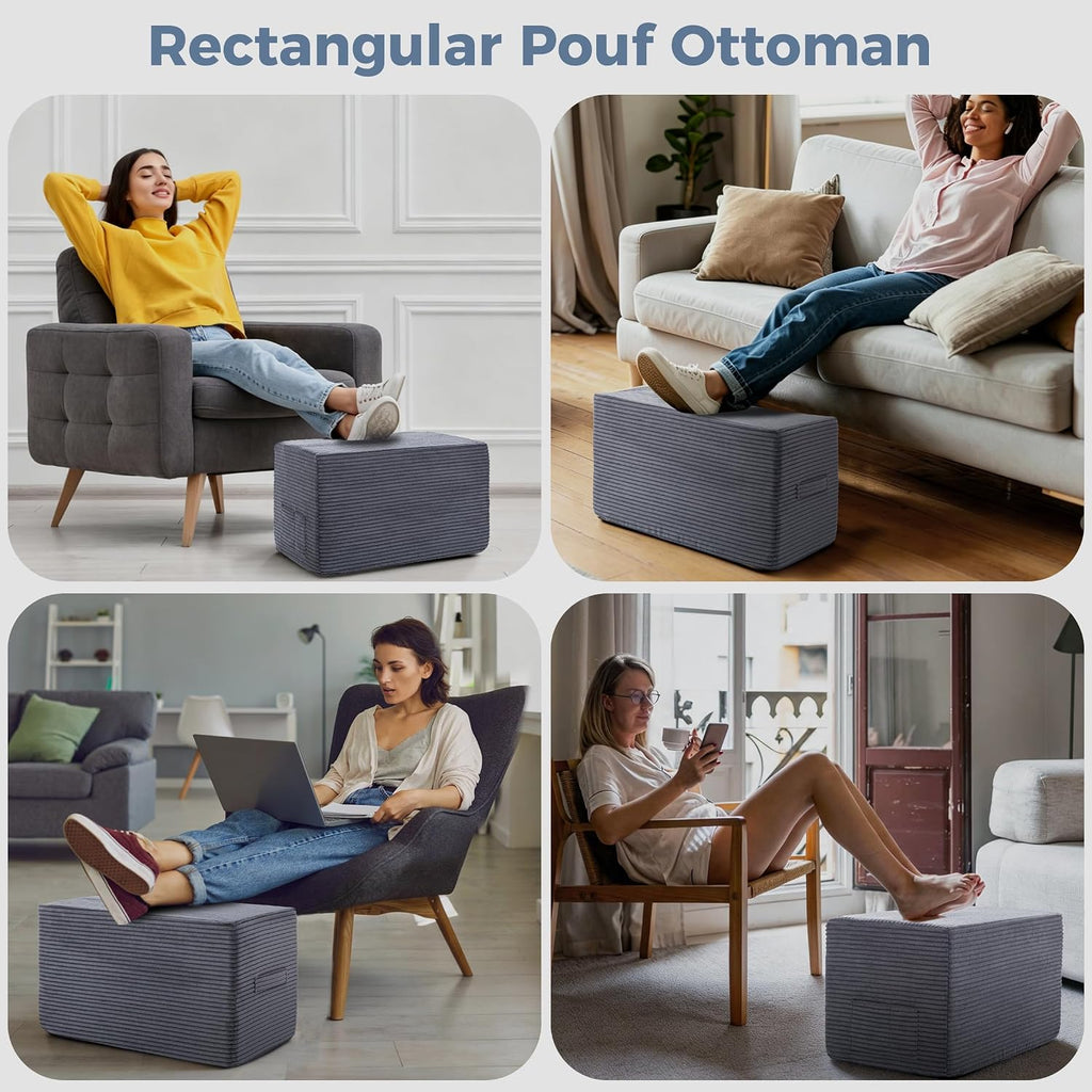 Rectangular Pouf Ottoman, Foam-Filled Footrest, Dark Gray | Soft coral fleece, adjustable foam filling, hidden storage and a carry handle combine comfort with everyday convenience.