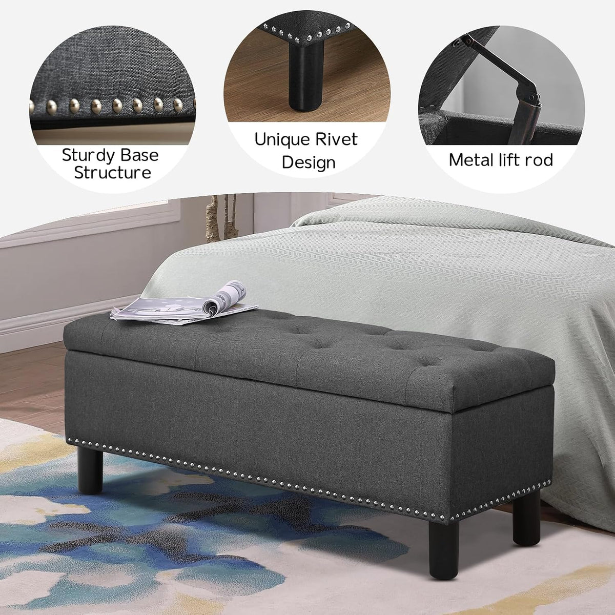 Furniliving 42" Ottoman with Storage, End of Bed Bench with Button-Tufted Large Upholstered Ottoman Entryway Bench Storage Bench for Bedroom, Living Room, Linen, Grey