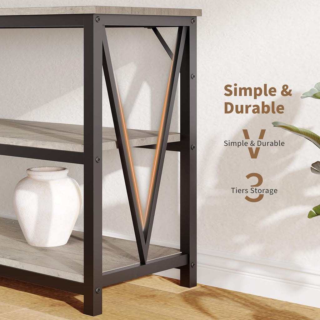 IDEALHOUSE Industrial Entryway Table, 47 in Narrow Long Console Table with Storage, 3 Tier Wood Console Table for Living Room, Farmhouse Sofa Tables Behind Couch, Hallway Table for Foyer-Grey