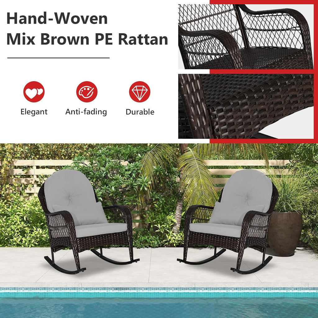 Tangkula Outdoor Wicker Rocking Chair, Patio Rattan Rocker with Seat Back Cushions & Waist Pillow, Sturdy Metal Frame, Mix Brown Outdoor Rocker for Balcony, Porch, Backyard