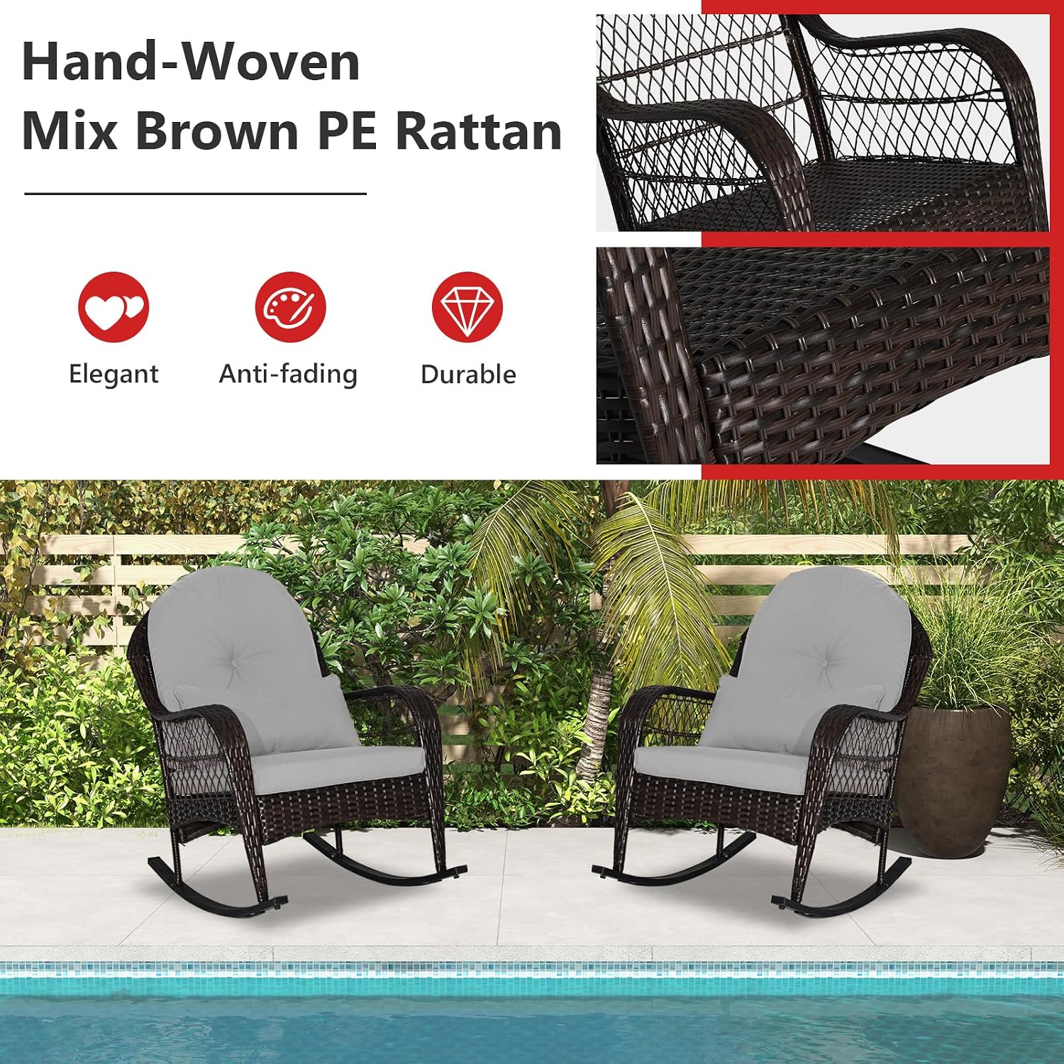 Tangkula Outdoor Wicker Rocking Chair, Patio Rattan Rocker with Seat Back Cushions & Waist Pillow, Sturdy Metal Frame, Mix Brown Outdoor Rocker for Balcony, Porch, Backyard