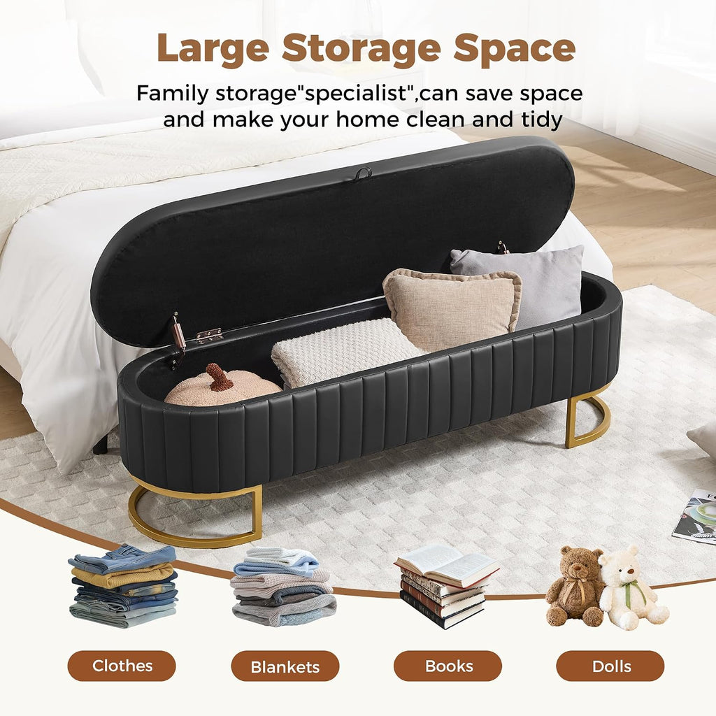 Storage Ottoman Bench, 63" Faux Leather End of Bed Bench Bedroom Bench King Size with Golden Metal Legs, Upholstered Storage Bench for Bedroom Living Room Entryway and Window, Black