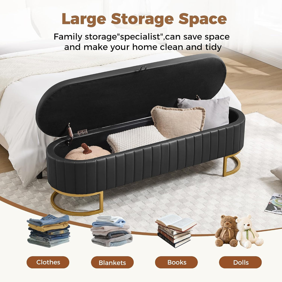 Storage Ottoman Bench, 63" Faux Leather End of Bed Bench Bedroom Bench King Size with Golden Metal Legs, Upholstered Storage Bench for Bedroom Living Room Entryway and Window, Black