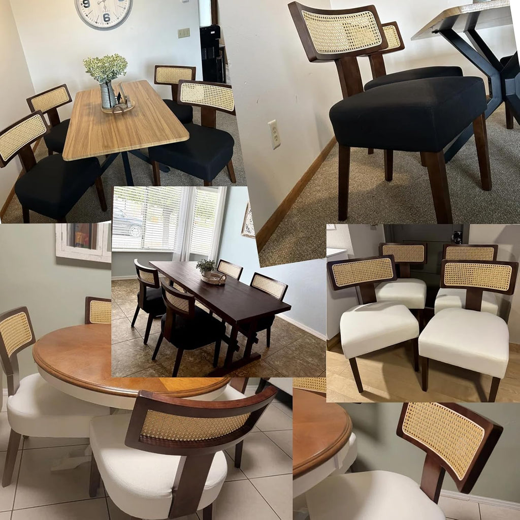 Farmhouse Rattan Dining Chairs Set of 2, Upholstered Modern Dining Room Chairs with Curved Cane Back, Black Wood Frame Armless Side Chair for Kitchen (Beige Fabric)