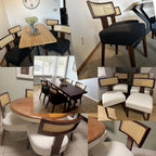 Farmhouse Rattan Dining Chairs Set of 2, Upholstered Modern Dining Room Chairs with Curved Cane Back, Black Wood Frame Armless Side Chair for Kitchen (Beige Fabric)