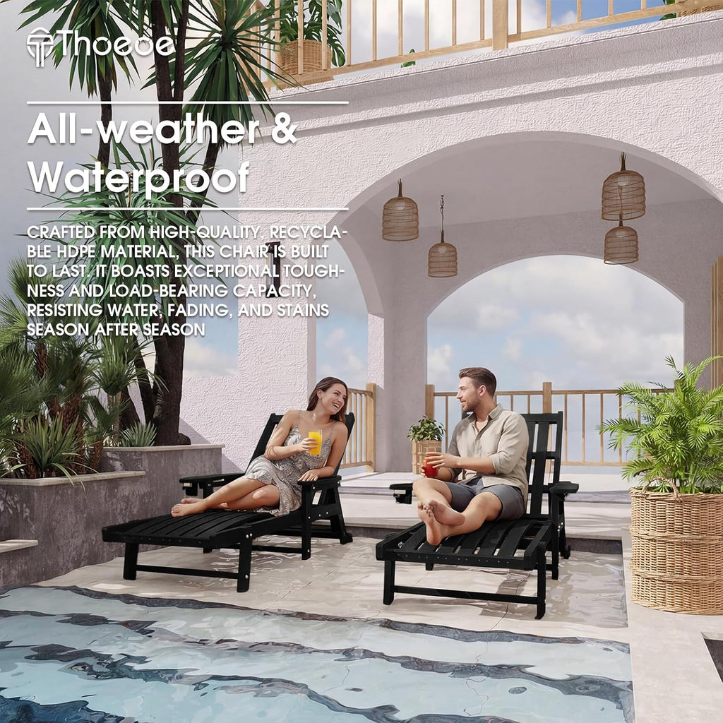 THOEOE Patio Chaise Lounge Chair,HDPE Lounge Chair Outdoor with Wheels | Oversized pool lounge chairs with cup holder, 5 adjustable position for patio,outside,pool,deck