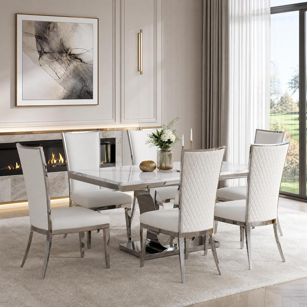 AUZ White and Silver Dining Chairs, Modern Velvet Upholstered Dining Room Chairs with High Back and Mirrored Metal Legs for Restaurant Kitchen, Set of 2