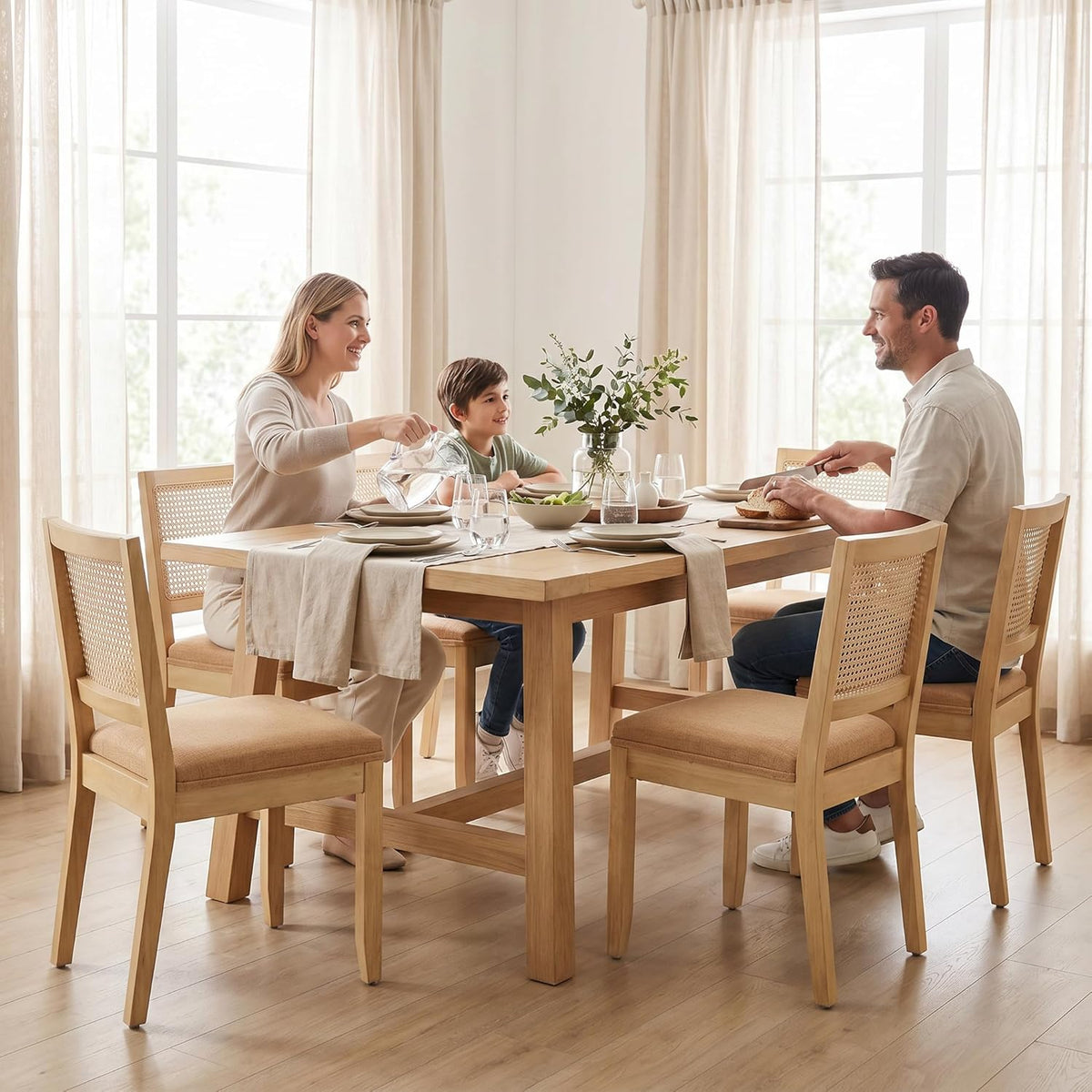 OVENTA Dining Chairs Set of 4, Rattan Back Upholstered Kitchen Chairs, Solid Rubberwood Frame, Boho Mid Century Dining Room Chairs, Brown Rattan
