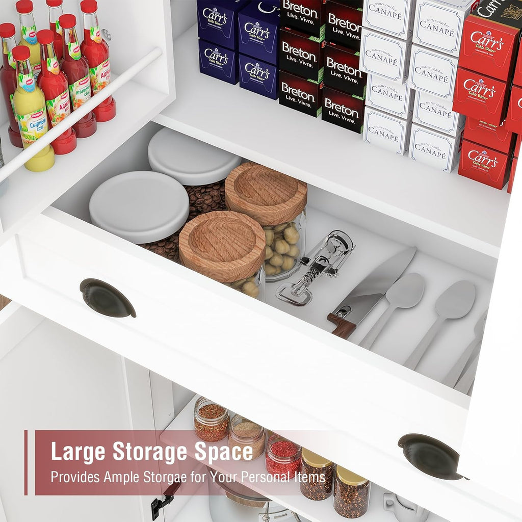 Tall Free Standing Kitchen Pantry Storage Cabinet, Wooden Farmhouse Style, Deep Organization for Kitchen