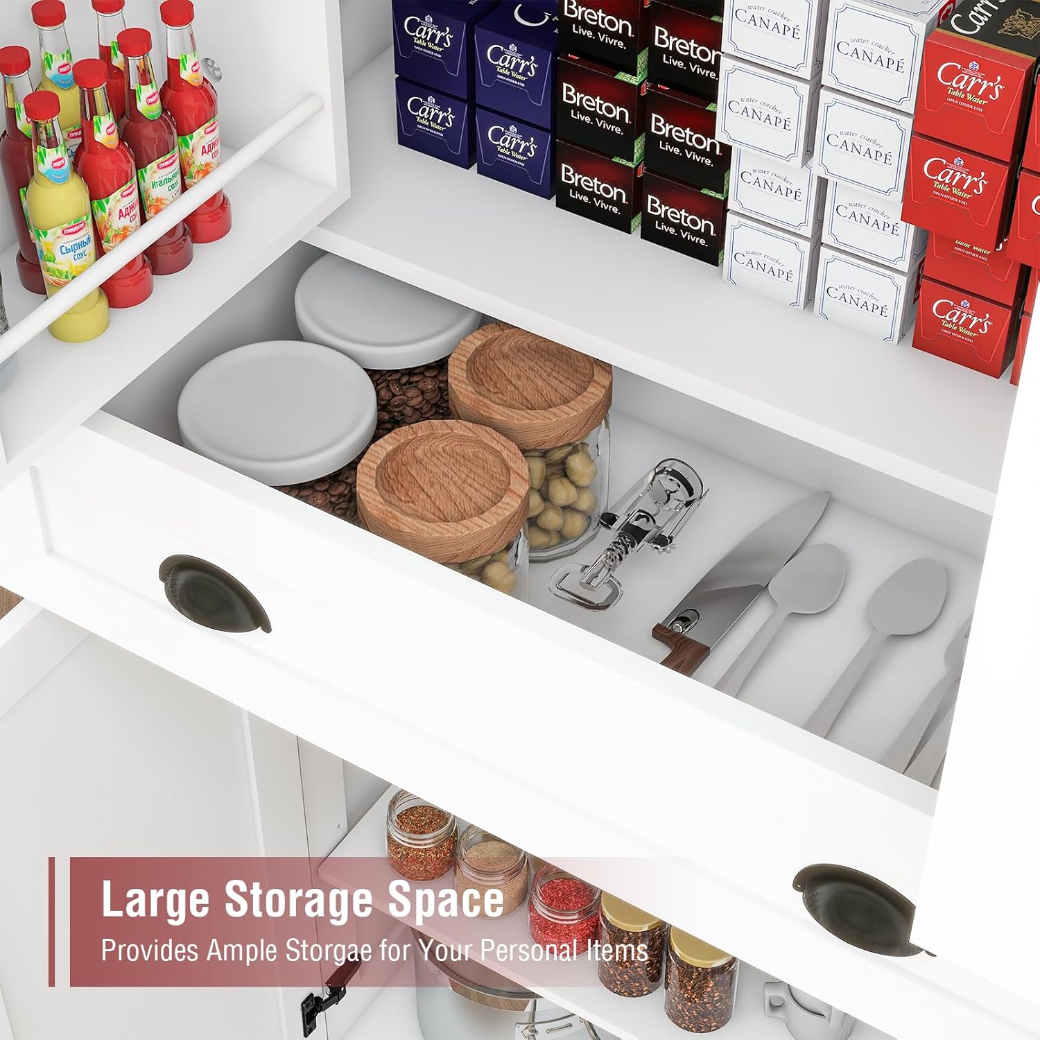 Tall Free Standing Kitchen Pantry Storage Cabinet, Wooden Farmhouse Style, Deep Organization for Kitchen