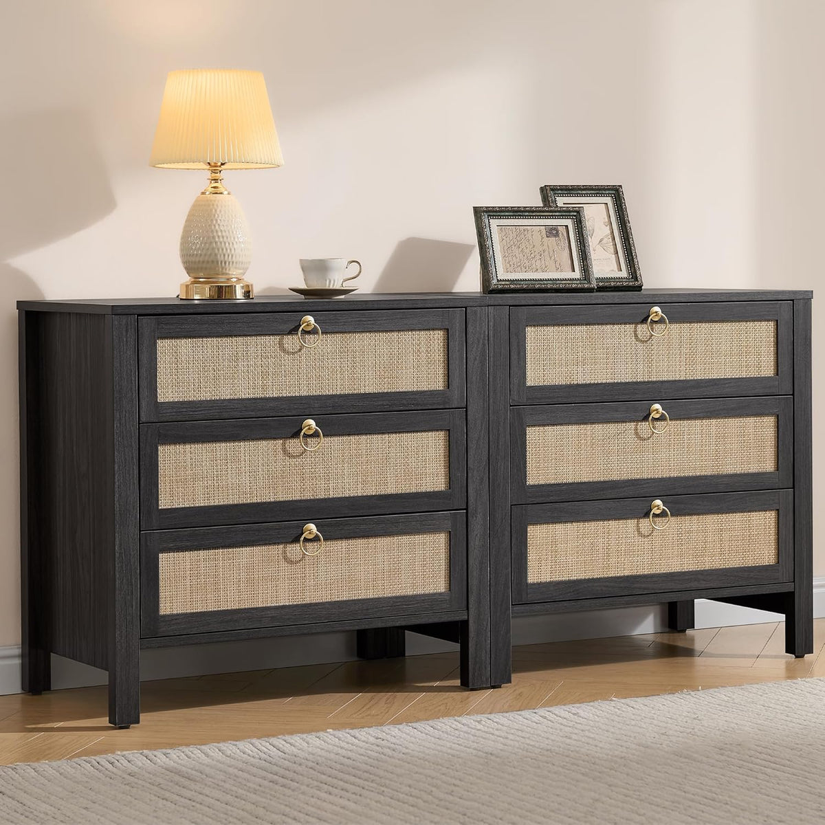 SICOTAS Rattan Nightstand Set of 2 with Drawers, Boho Large Bedside Tables | Wide Night Stand Set of 2 with 3 Drawers, Bedside Tables for Bedroom, Guest Room, Apartment, and Dorm Room, Bedroom Storage