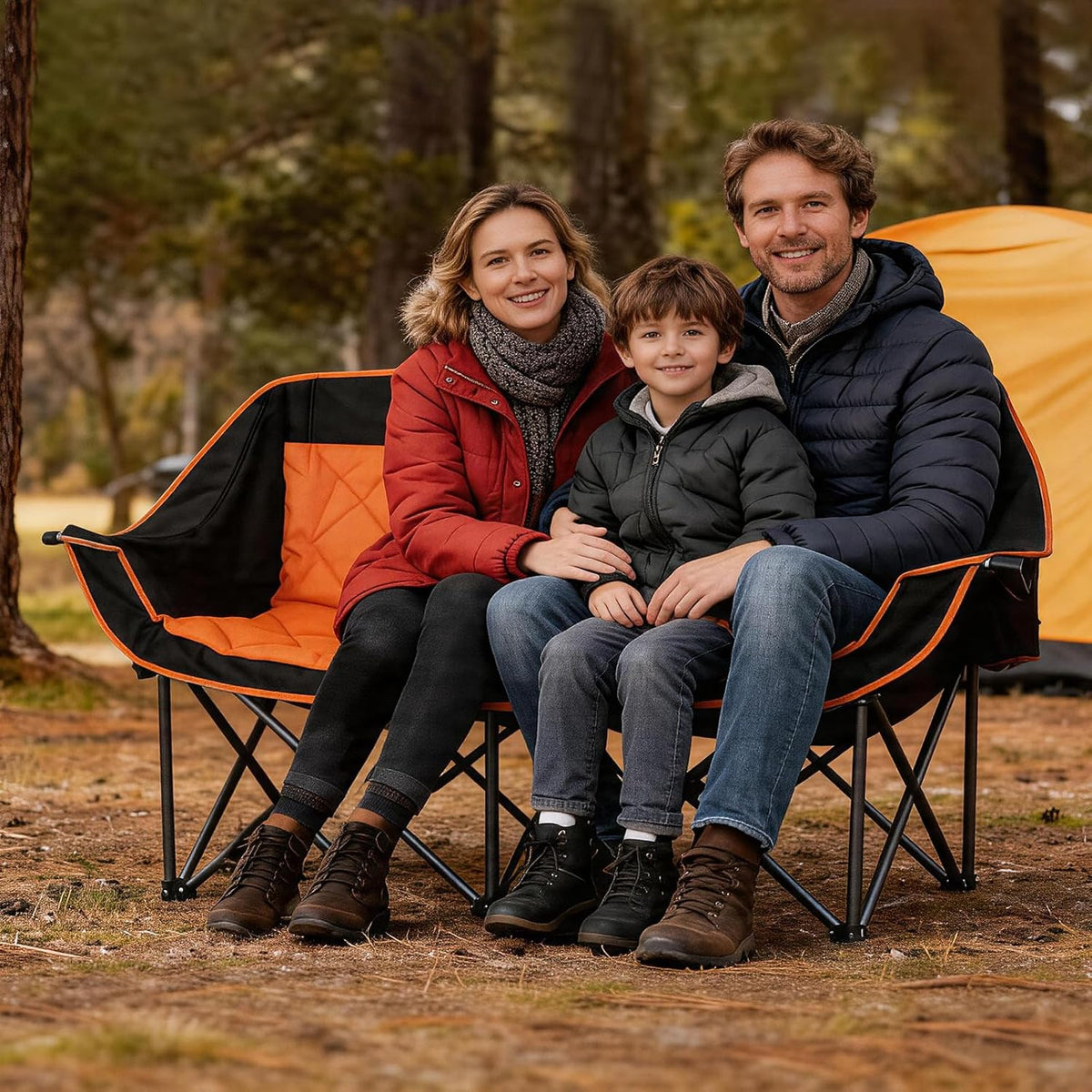 Romswi Double Camping Chair,2 Person Camping Chair Oversized Folding Loveseat,Heavy Duty Camping Couch & Outdoor Sofa with Cup Holders,Supports 750LBS Orange