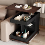 Modern Adjustable End Table with Wheels, 360° Rotating and Adjustable Lift-Top Design, Multifunctional Sofa Side Table with Storage Space for Living Room, Small Space (Black+Brown/508)