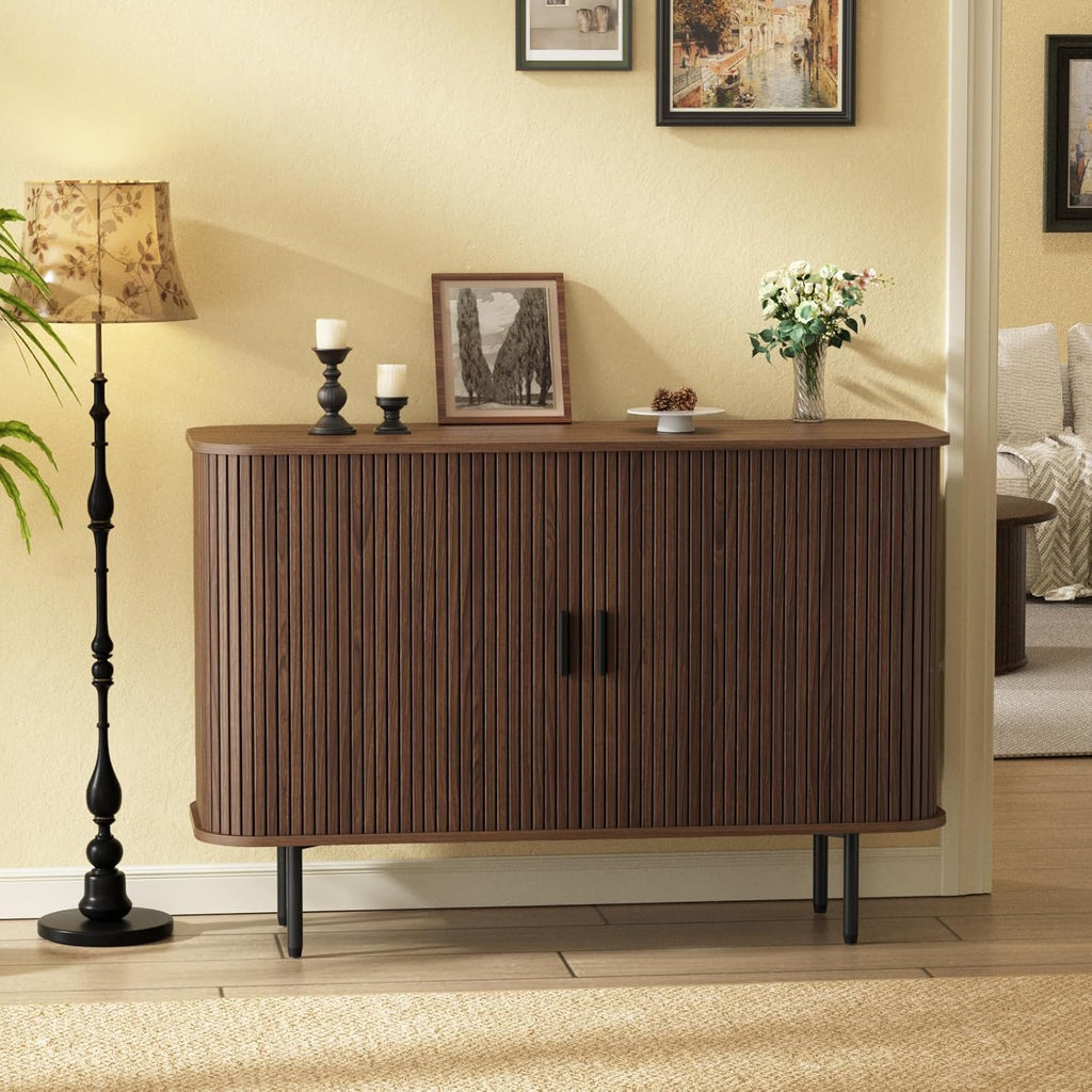 FiveWillowise 47''W x 32''H Buffet Sideboard Cabinet with Storage, Fluted Storage Accent Cabinet with Curvy Edge, Sliding Door, Credenza, Console Table for Living Room, Kitchen, Walnut