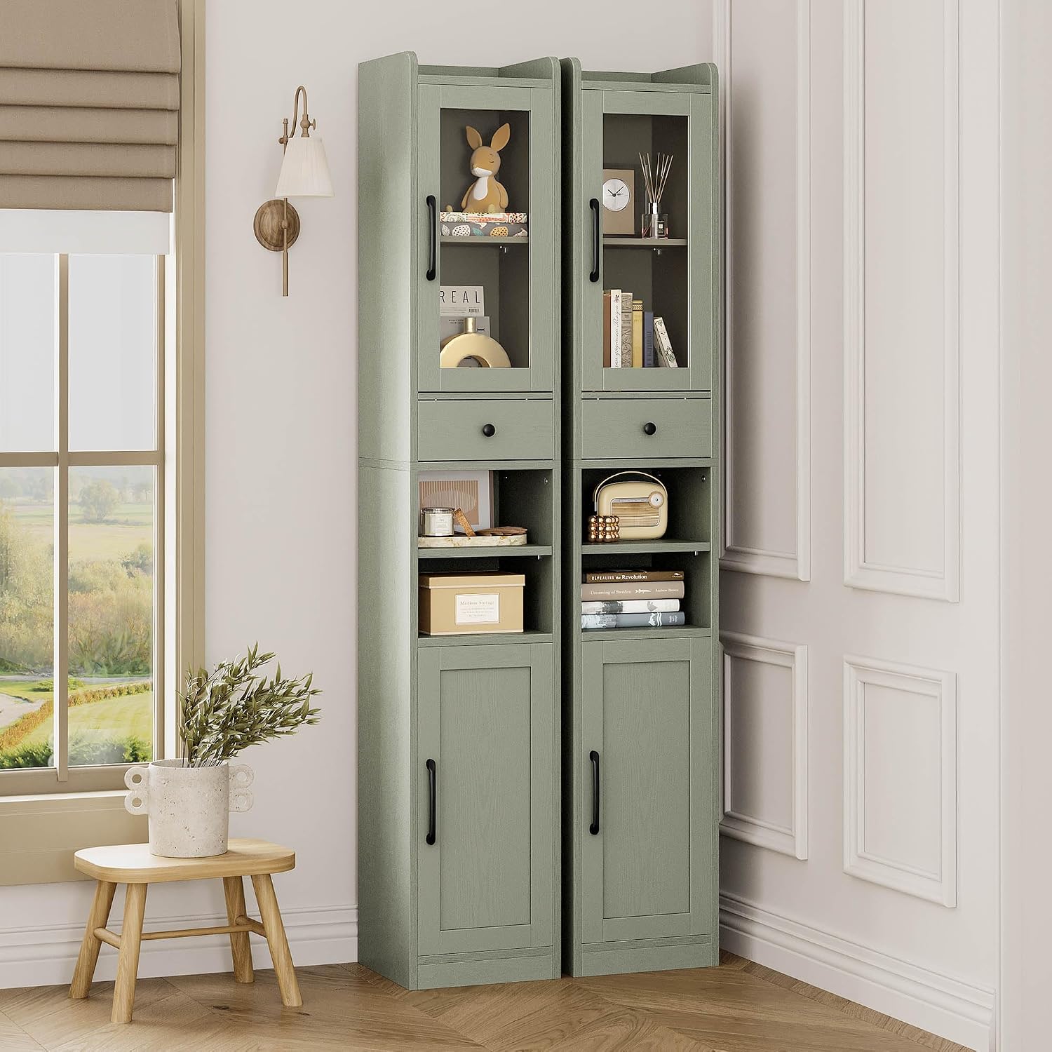 IRONCK Tall Bathroom Cabinet with Drawer and Door, 71" H Slim Freestanding Narrow Storage Cabinet with Adjustable Shelves, Retractable Toilet Paper Rod, for Small Spaces, 11.8" W Green