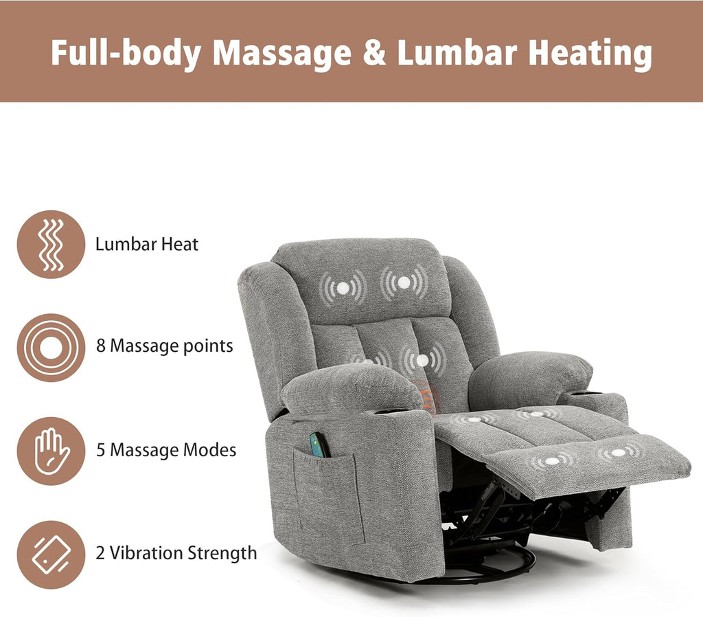 Ketaiyou Rocker Swivel Recliner Chair for Adults, Overstuffed Large Manual Recliner Glider with Massage and Heat, Comfy Soft Fabric Living Room Reclining Sofa Chair (Lime Gray1)