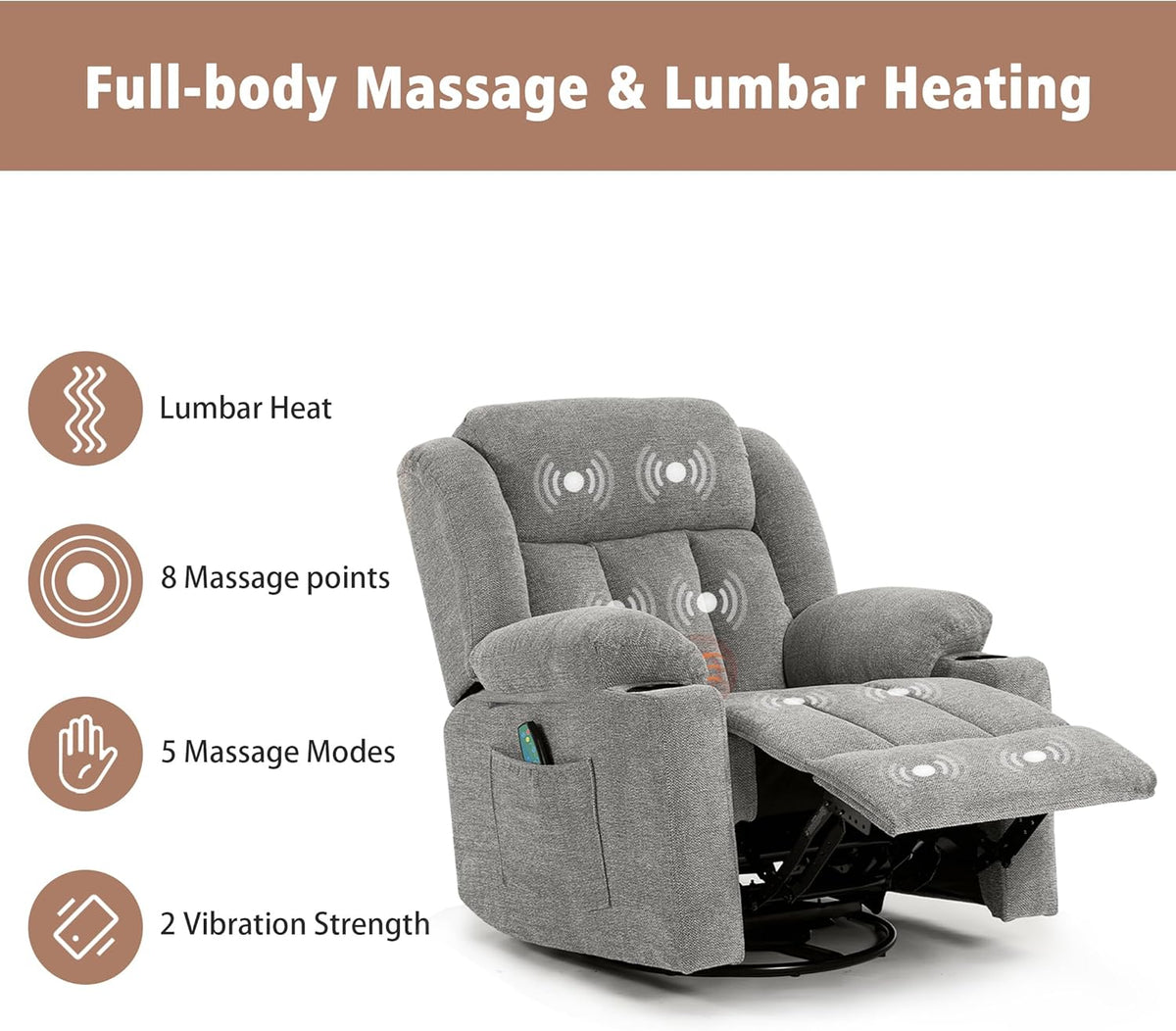 Ketaiyou Rocker Swivel Recliner Chair for Adults, Overstuffed Large Manual Recliner Glider with Massage and Heat, Comfy Soft Fabric Living Room Reclining Sofa Chair (Lime Gray1)