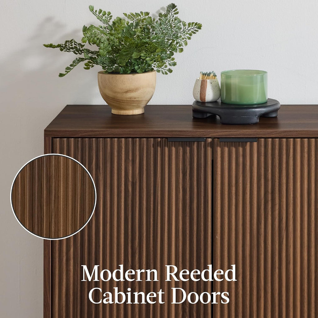 Best Choice Products 55" Modern 4-Door Sideboard Storage Cabinet, Buffet, Media Cabinet, Cupboard, Entryway Accent Table, Bookcase w/Reed Panels and Adjustable Shelves – Walnut