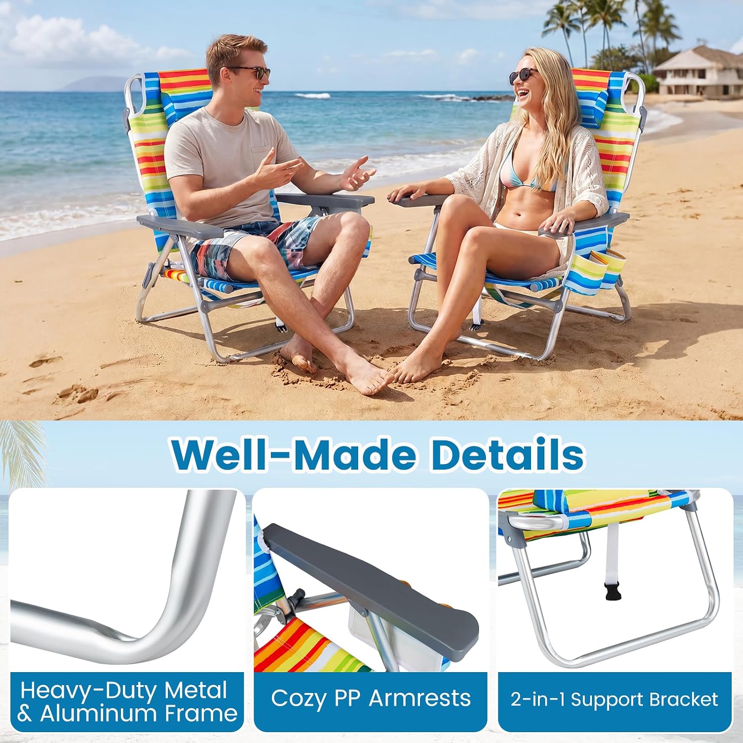 Goplus Beach Chair, Folding Backpack Beach Chairs for Adults w/Adjustable Positions, Head Pillow, Cooler Bag, Towel Bar, Cup Holders, Sunbath Sling Tanning Lounge, Folding Layout Camping Chairs