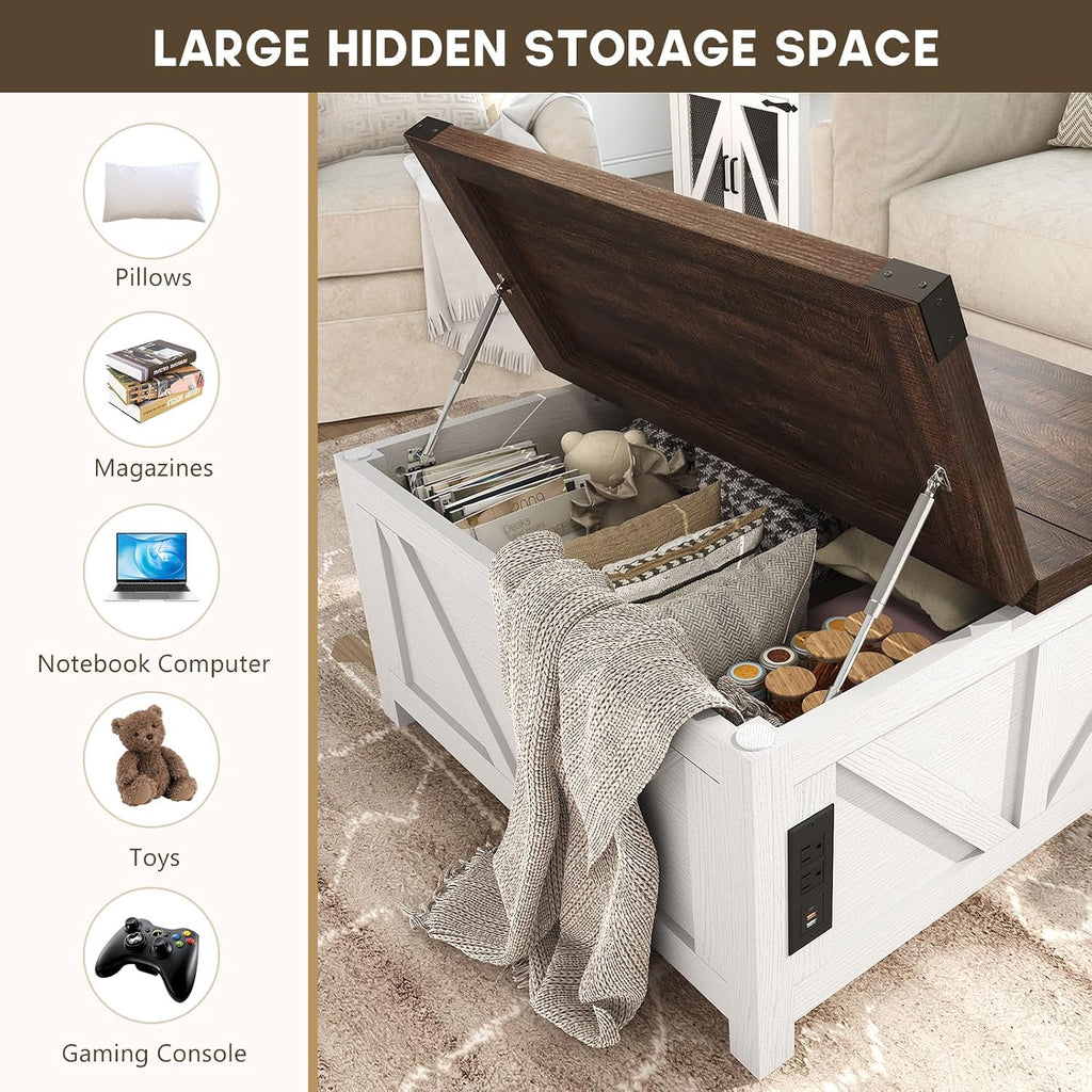 jimeimen Farmhouse Lift Top Coffee Table with Storage, Wood Square Center Table with Charging Station&USB Port, Living Room Table w/Large Hidden Space, for Living Room, Bedroom, Home Office, White