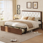 Queen Size Bed Frame with 2 Storage Drawers & Upholstered Headboard, Mid-Century Modern Platform Bed, Tufted Headboard, Metal Slat Support, No Box Spring Needed, Noise-Free, Easy Assembly, Walnut