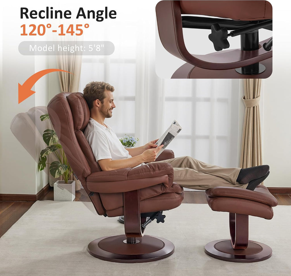 MCombo Oversized Swivel Recliner Chair with Ottoman, Adjustable Backrest, 360° Wood Base, High Seat, Faux Leather Lounge Chair for Tall Users in Living Room Office 4651 (Brown)