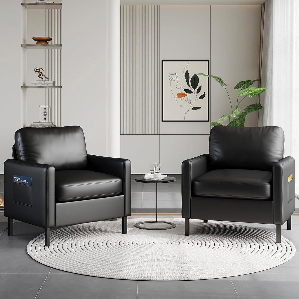 Black Faux Leather Accent Chairs Set of 2 with Arms, Waiting Room, Modern