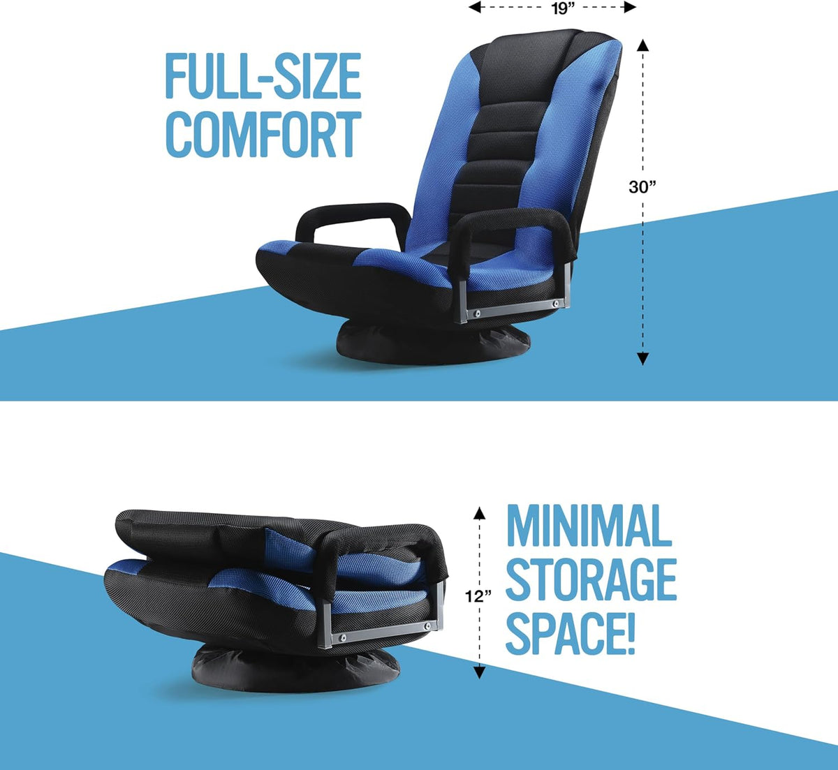 Maple99 Swivel Floor Gaming Chair - Video Lounger Enjoy 6 Different Positions, Adjustable Backrest, Removable Arm Rests, Folds to Store, Stylish Blue with Black Center Stripe