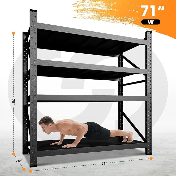 71” W Storage Shelves Heavy Duty, 5000LBS Metal Garage Shelving Units, 4 Tier Storage rack shelf, Steel Industrial Shelving , Adjustable Standing Shelf for Basement/Warehouse 71"W x 24"D x 70"H, Black