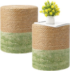 Barydat 2 Pcs 15'' Ottoman Pouf Natural Seagrass Braided Poof Hand Weaving Round Ottomans Boho Footrest Stool for Home Living Room Bedroom Patio(Natural and Green)