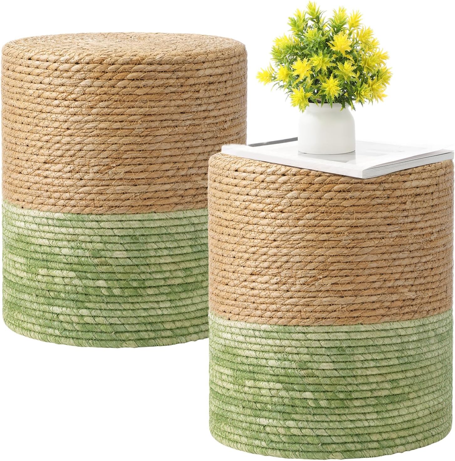 Barydat 2 Pcs 15'' Ottoman Pouf Natural Seagrass Braided Poof Hand Weaving Round Ottomans Boho Footrest Stool for Home Living Room Bedroom Patio(Natural and Green)