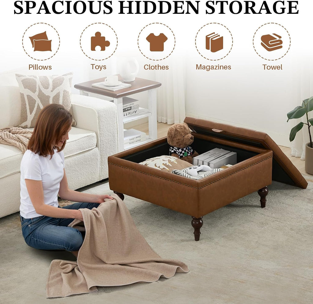 Storage Ottoman Coffee Table, Large Ottoman with Storage Oversized Square Footstool with Anti-Slip Embedded Lid, Tufted Upholstered Ottomans for Living Room, Brown Faux Leather